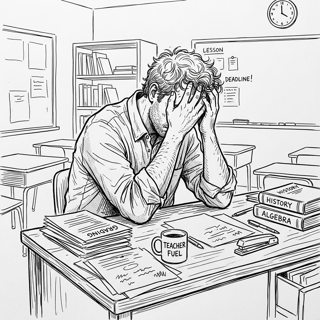 Teacher sitting at desk with head in hands surrounded by grading papers and books
